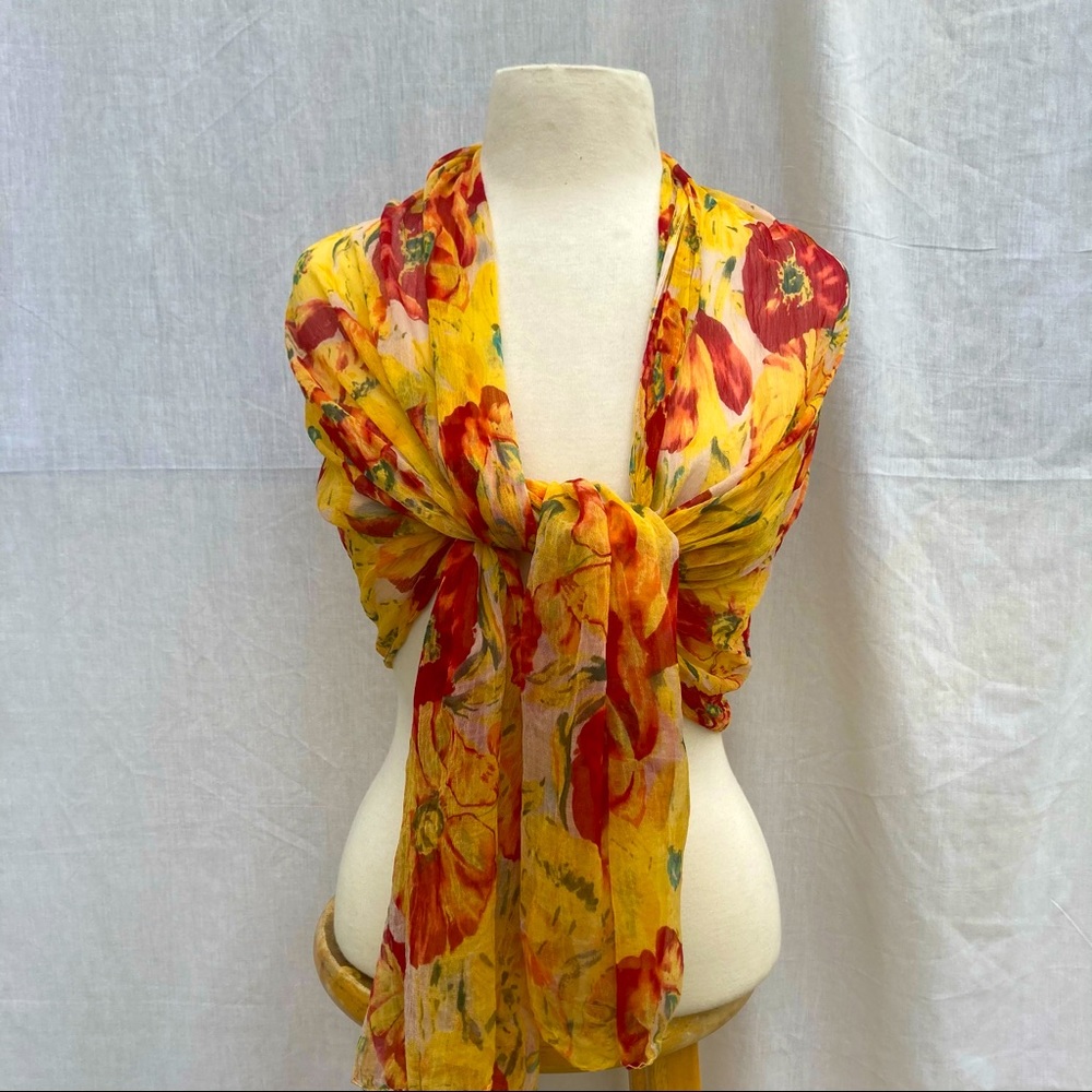 Yellow Red White Poppy Floral Silk Scarf Shawl Wrap